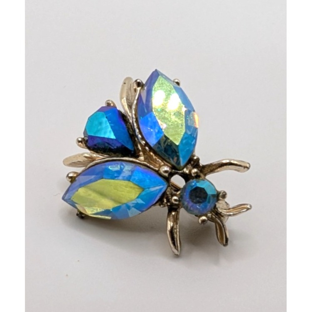 Vintage DODDS Blue Bee Brooch AB Rhinestone Insect Pin Aurora Borealis